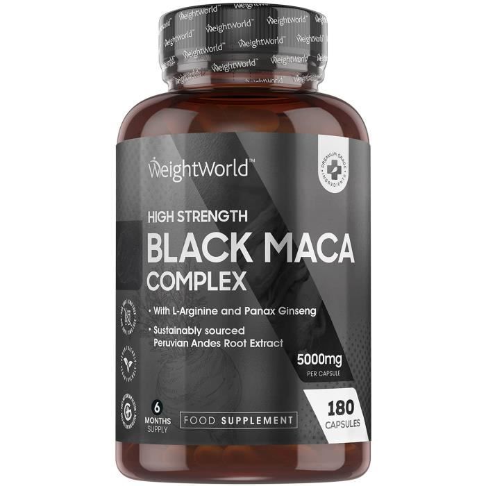 Maca Noire Ginseng Fort Dosage 5000mg - Black Maca Root + Panax Ginseng + L Arginine + Zinc – 180 Gélules