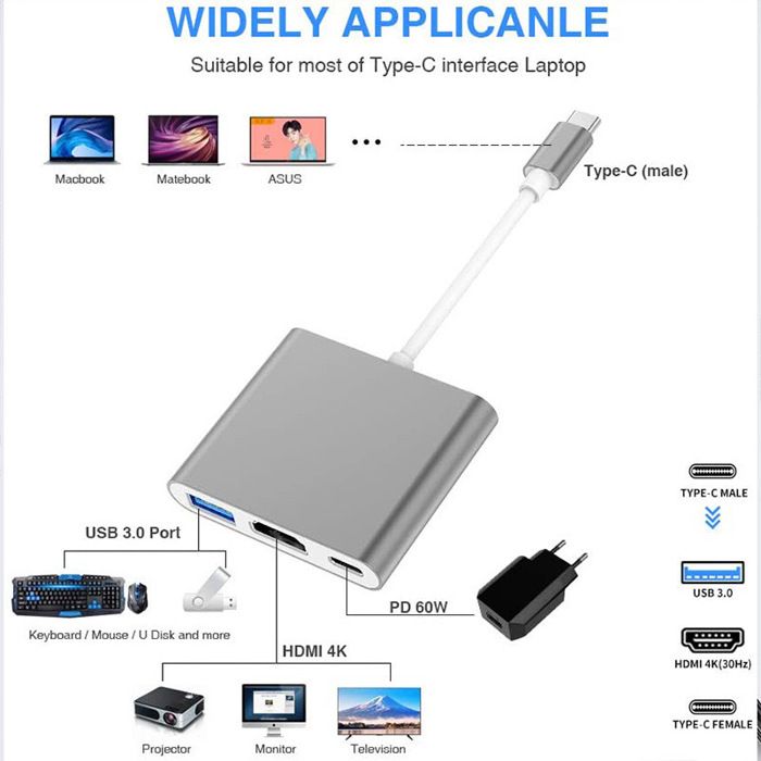 Adaptateur USB 3.1 Type C - Multiport Charge Port - HDMI - Aluminium - Gris - 162MM x 60MM x 11MM